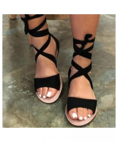 Sandals Women Dressy Summer Flat,Womens Tie Lace Up Open Toe Ankle Strap Flat Flip Flops Non Slip Roman Flat Sandals Black $1...