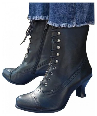 Women's Gothic Mid Calf Boots Victorian Boots Vintage Pointed Toe Chunky Low Heel Lace Up Witch Boots Knight Boots A-black $2...