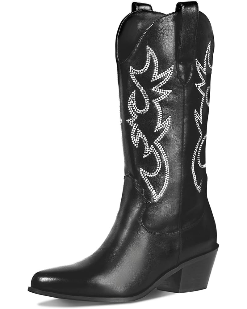 Cowboy Boots for Women Western Boots Cowgirl Mid Calf Embroidered Booties Chunky Heel Pointed Toe Pull On Black Rhinestone $1...