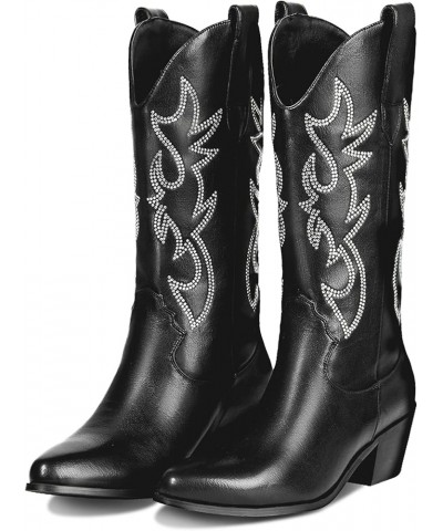 Cowboy Boots for Women Western Boots Cowgirl Mid Calf Embroidered Booties Chunky Heel Pointed Toe Pull On Black Rhinestone $1...