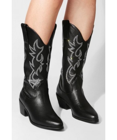 Cowboy Boots for Women Western Boots Cowgirl Mid Calf Embroidered Booties Chunky Heel Pointed Toe Pull On Black Rhinestone $1...