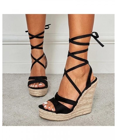 Womens Lace Up Wedges Sandals Peep Toe Straw Rope Thick Bottom Platform High Heels Dress Shoes Black $29.67 Sandals