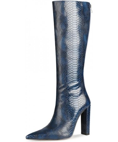 Women's Knee High Boots Pointed Toe Block Heel Boots Zipper Block Heeled Tall Dress Boots Texturenavy Blue $51.40 Boots