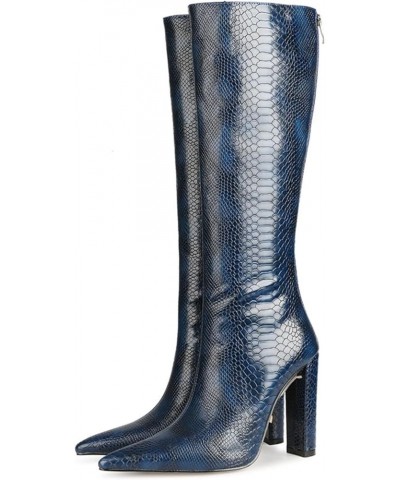 Women's Knee High Boots Pointed Toe Block Heel Boots Zipper Block Heeled Tall Dress Boots Texturenavy Blue $51.40 Boots