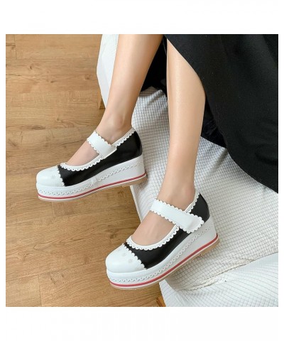 Women Kawaii Shoes Wedge Mary Janes Platform Closed Toe High Heel Lolita Cosplay Shoes Sweet Pumps Black $29.05 Pumps