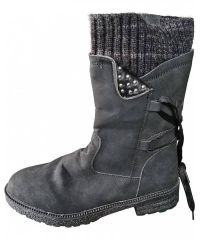 Hiking Boots Women Embroidered Stitched Flat Bottomed Leather Mid Calf Boots Fall Boots for Women 2022 8.5 Black $11.52 Boots