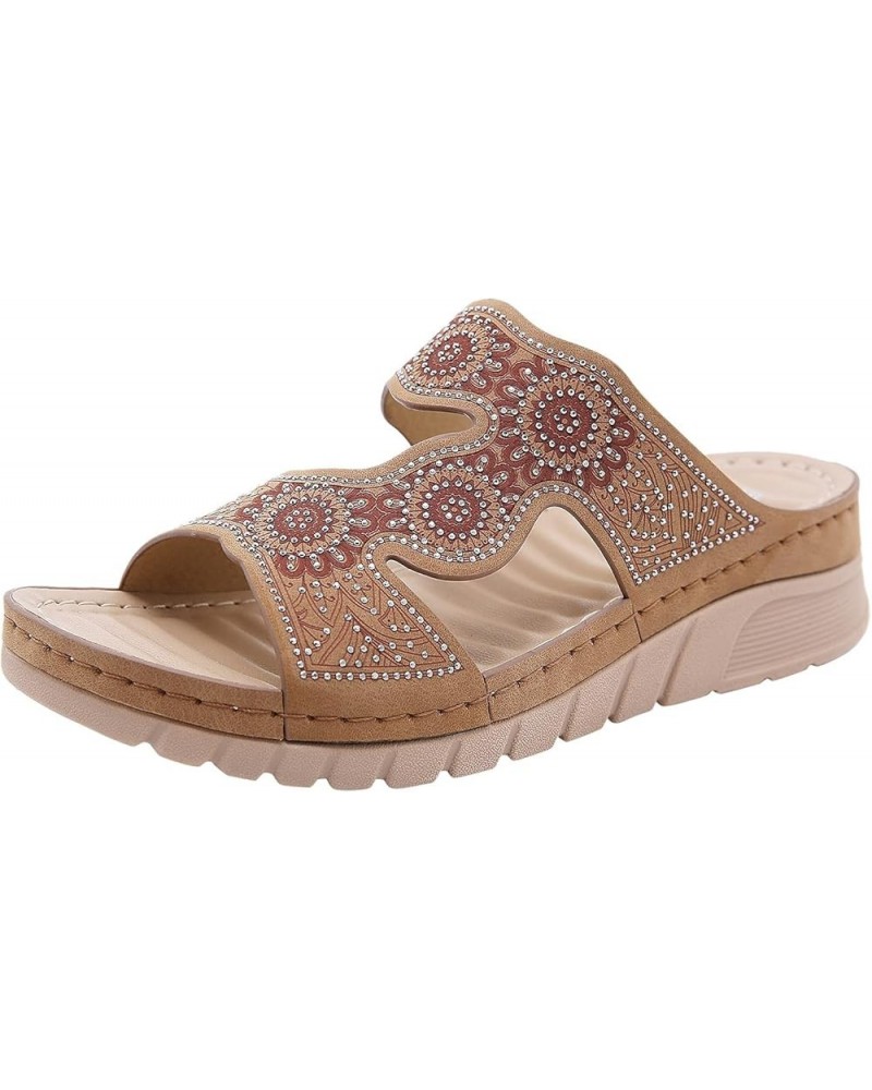 Bohemian Wedge Sandals Women Summer Rhinestone Flowers Comfort Walking Slippers Casual Slip On Slides Brown $23.36 Sandals