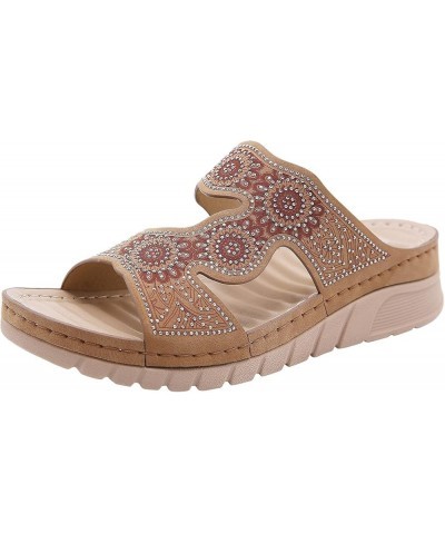 Bohemian Wedge Sandals Women Summer Rhinestone Flowers Comfort Walking Slippers Casual Slip On Slides Brown $23.36 Sandals