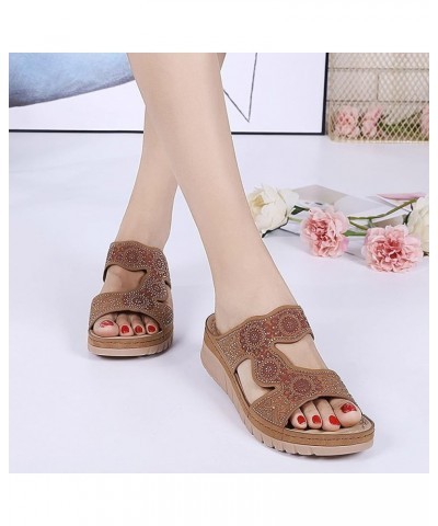 Bohemian Wedge Sandals Women Summer Rhinestone Flowers Comfort Walking Slippers Casual Slip On Slides Brown $23.36 Sandals