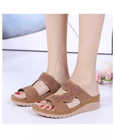 Bohemian Wedge Sandals Women Summer Rhinestone Flowers Comfort Walking Slippers Casual Slip On Slides Brown $23.36 Sandals