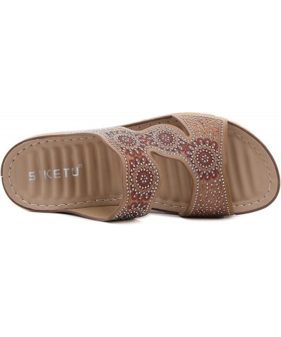 Bohemian Wedge Sandals Women Summer Rhinestone Flowers Comfort Walking Slippers Casual Slip On Slides Brown $23.36 Sandals