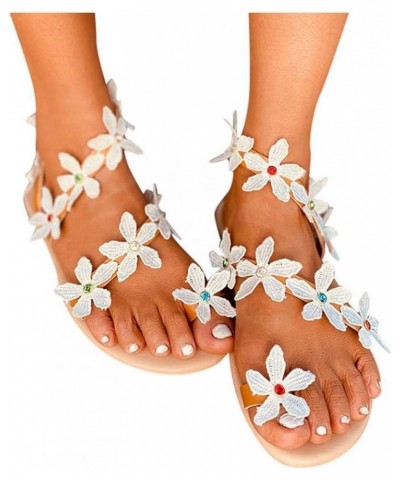 Summer Sandals for Women Thong Sandals Summer Bohemia Casual Flat Lace Open Toe Elastic Flip Flops Beach Shoes Sandal White $...