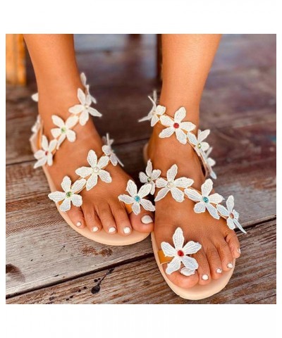 Summer Sandals for Women Thong Sandals Summer Bohemia Casual Flat Lace Open Toe Elastic Flip Flops Beach Shoes Sandal White $...