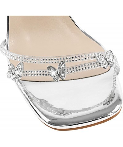 Women's Lace up Rhinestone Heeled Sandals Open Toe Glitter Butterfly Square Toe Wedding Clear Stiletto Heels Silver-patent Le...