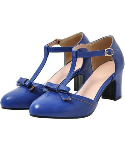 Womens High Block Heel Mary Jane T Strap Pumps with Bow Royal Blue $19.19 Pumps