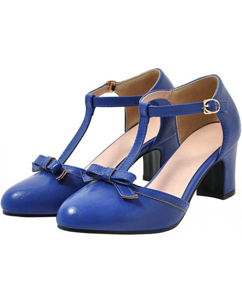 Womens High Block Heel Mary Jane T Strap Pumps with Bow Royal Blue $19.19 Pumps