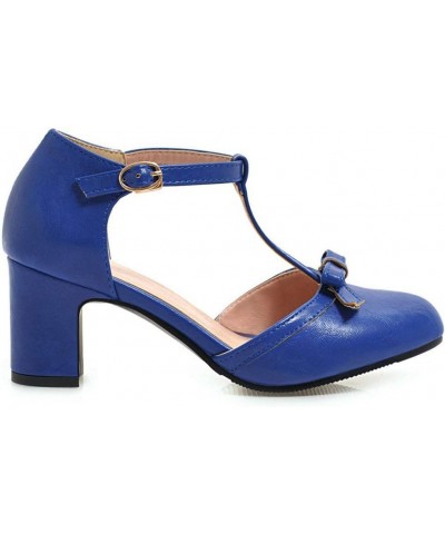 Womens High Block Heel Mary Jane T Strap Pumps with Bow Royal Blue $19.19 Pumps