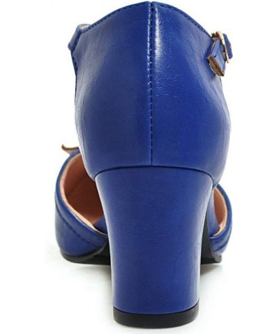 Womens High Block Heel Mary Jane T Strap Pumps with Bow Royal Blue $19.19 Pumps