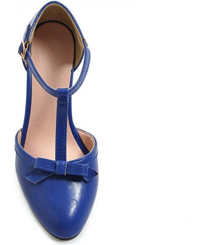 Womens High Block Heel Mary Jane T Strap Pumps with Bow Royal Blue $19.19 Pumps