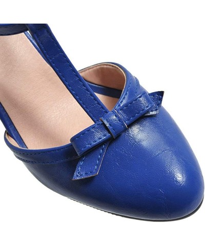 Womens High Block Heel Mary Jane T Strap Pumps with Bow Royal Blue $19.19 Pumps