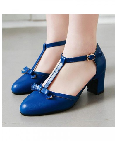 Womens High Block Heel Mary Jane T Strap Pumps with Bow Royal Blue $19.19 Pumps