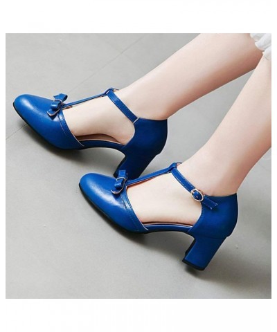 Womens High Block Heel Mary Jane T Strap Pumps with Bow Royal Blue $19.19 Pumps