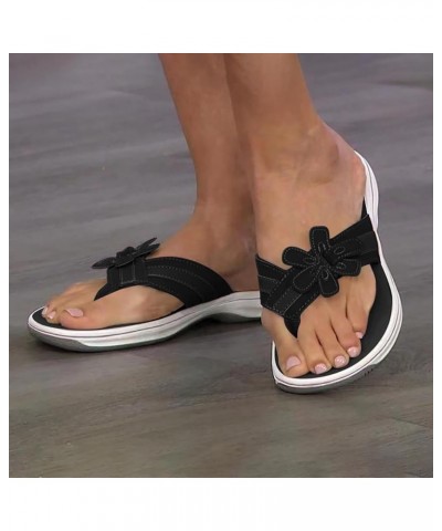 Flower Decor Thong Sandals for Women Breathable Round Toe Slip on Flip Flops Fashion Casual Non Slip Arch Support 6 Black $11...