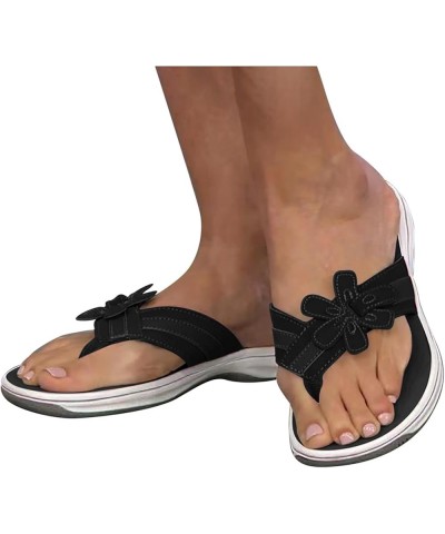 Flower Decor Thong Sandals for Women Breathable Round Toe Slip on Flip Flops Fashion Casual Non Slip Arch Support 6 Black $11...