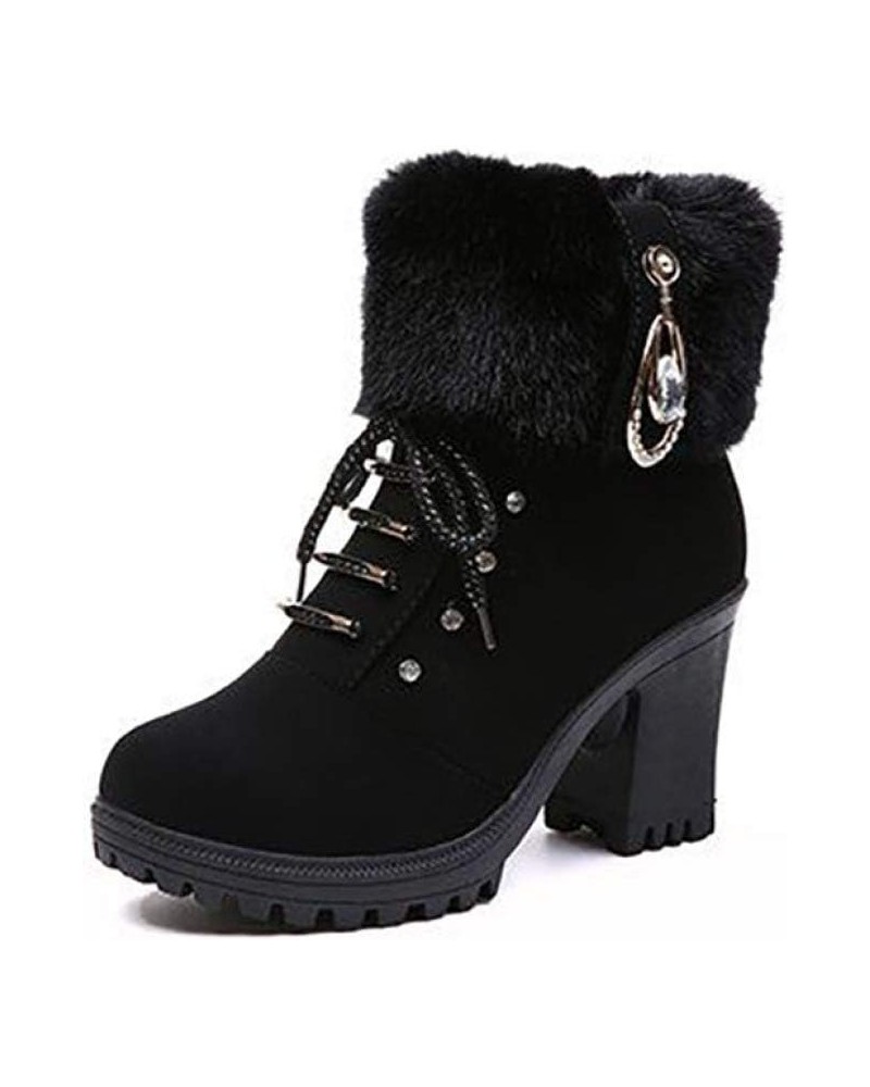 Women's Winter Warm Faux Fur Block Heels Snow Boots Lace Up Chunky Block Heel Round Toe Ankle Boots Black-cotton $20.25 Boots