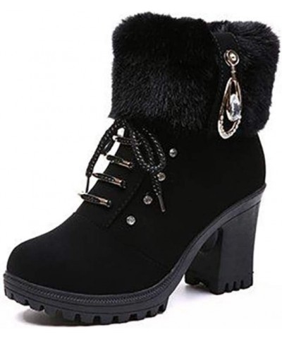 Women's Winter Warm Faux Fur Block Heels Snow Boots Lace Up Chunky Block Heel Round Toe Ankle Boots Black-cotton $20.25 Boots