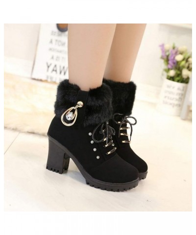 Women's Winter Warm Faux Fur Block Heels Snow Boots Lace Up Chunky Block Heel Round Toe Ankle Boots Black-cotton $20.25 Boots