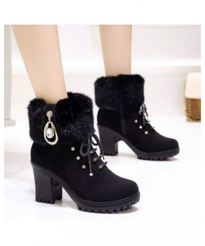 Women's Winter Warm Faux Fur Block Heels Snow Boots Lace Up Chunky Block Heel Round Toe Ankle Boots Black-cotton $20.25 Boots