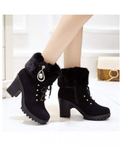 Women's Winter Warm Faux Fur Block Heels Snow Boots Lace Up Chunky Block Heel Round Toe Ankle Boots Black-cotton $20.25 Boots