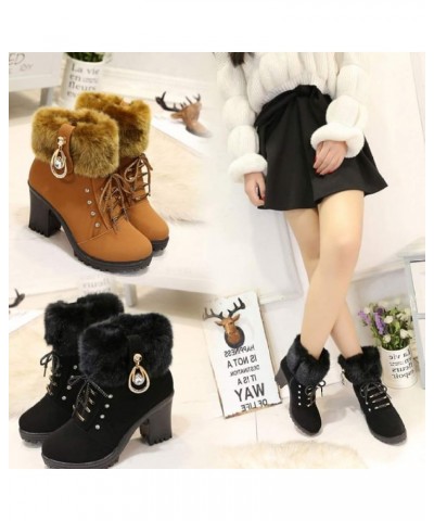 Women's Winter Warm Faux Fur Block Heels Snow Boots Lace Up Chunky Block Heel Round Toe Ankle Boots Black-cotton $20.25 Boots