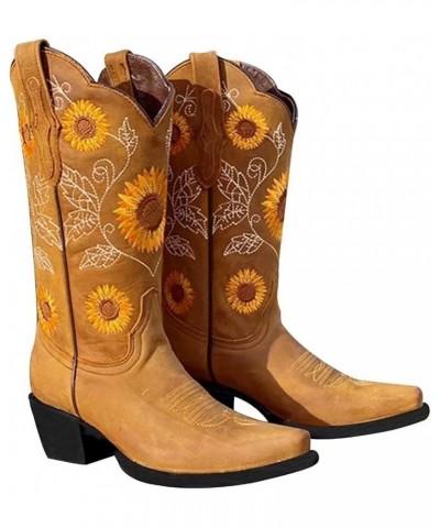 Womens Vintage Sunflower Embroidery Boots Chunky Heels Cowgirl Knee High Western Boots Mid Claf Riding Boots US 6 Khaki $29.6...