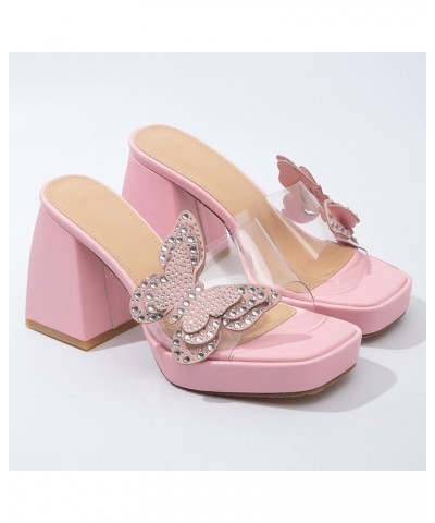 Women's Chunky Block Heels Sandals open Toe black pumps Up Platform Dress Pumps Shoes Transparent shoelaces Sandals Pink $16....