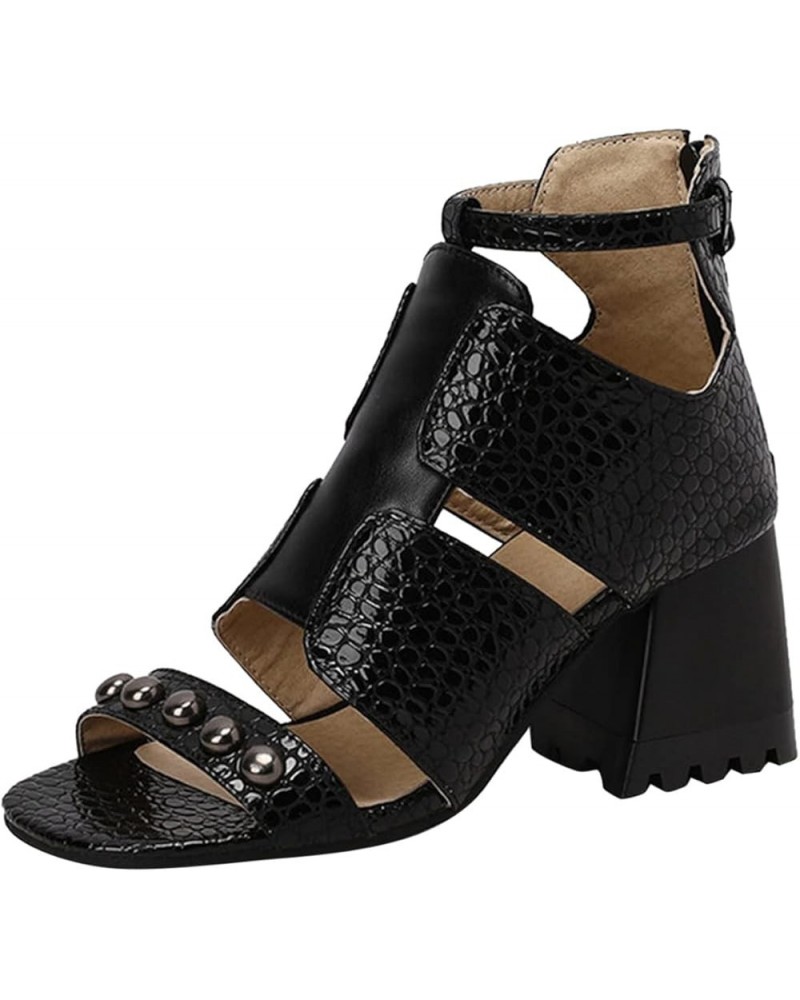 Sandals For Women Casual Summer Ladies Fashion Snakeskin Leather Hollow Thick High Heeled Zippered Roman Sandals Black $24.71...