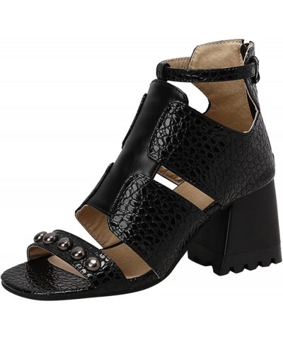 Sandals For Women Casual Summer Ladies Fashion Snakeskin Leather Hollow Thick High Heeled Zippered Roman Sandals Black $24.71...