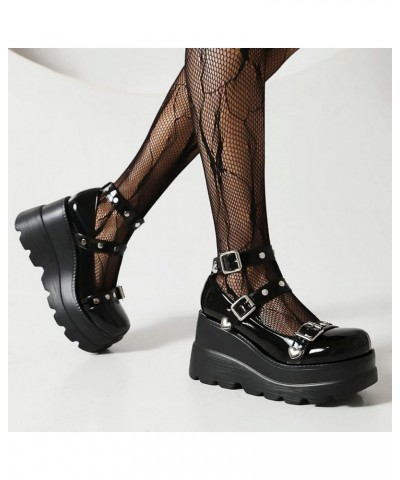 Women Goth Mary Janes Platform Wedge Ankle Strap Pumps Patent Leather Strappy Punk High Heels Cosplay Shoes Black $31.99 Pumps