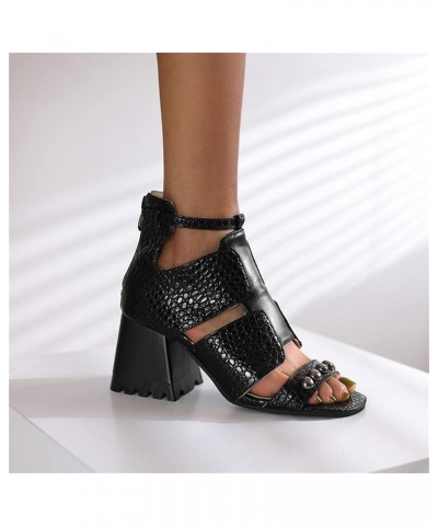 Sandals For Women Casual Summer Ladies Fashion Snakeskin Leather Hollow Thick High Heeled Zippered Roman Sandals Black $24.71...