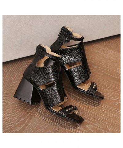 Sandals For Women Casual Summer Ladies Fashion Snakeskin Leather Hollow Thick High Heeled Zippered Roman Sandals Black $24.71...