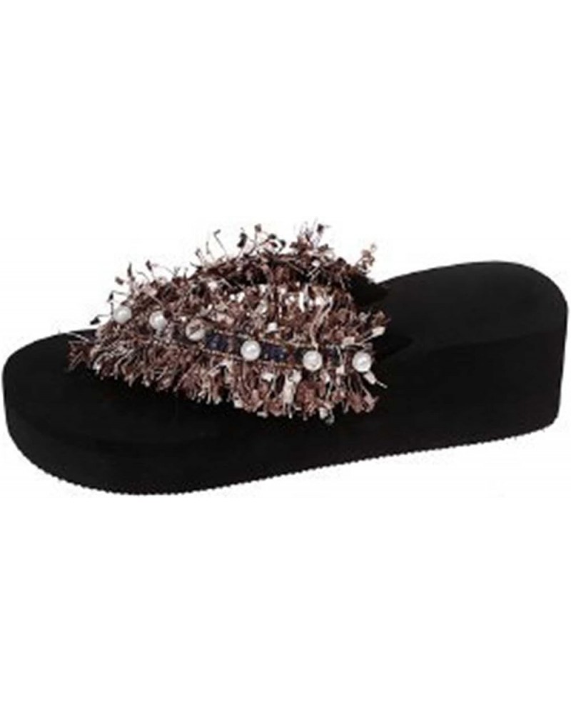 Sandalias de Vestir Mujer Muffin Parte Inferior gruesa flecos de perlas Zapatillas Planas Chanclas Sandalias Bonitas Q-059 Pi...