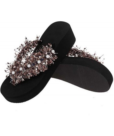 Sandalias de Vestir Mujer Muffin Parte Inferior gruesa flecos de perlas Zapatillas Planas Chanclas Sandalias Bonitas Q-059 Pi...