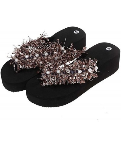 Sandalias de Vestir Mujer Muffin Parte Inferior gruesa flecos de perlas Zapatillas Planas Chanclas Sandalias Bonitas Q-059 Pi...