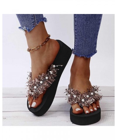 Sandalias de Vestir Mujer Muffin Parte Inferior gruesa flecos de perlas Zapatillas Planas Chanclas Sandalias Bonitas Q-059 Pi...