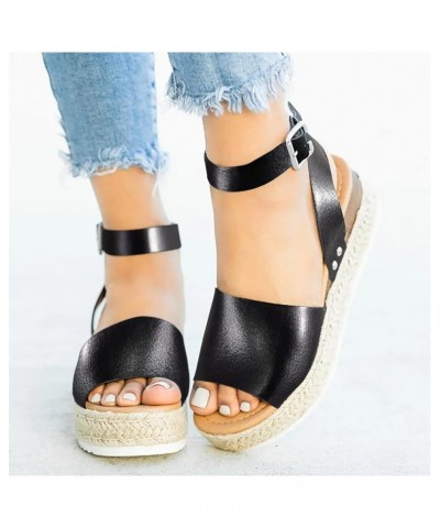 Platform Sandals for Women Dressy Summer Womens Espadrilles Buckle Ankle Strap Leather Raffia Sandals Black Sandals Wedges fo...