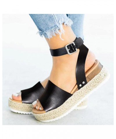 Platform Sandals for Women Dressy Summer Womens Espadrilles Buckle Ankle Strap Leather Raffia Sandals Black Sandals Wedges fo...