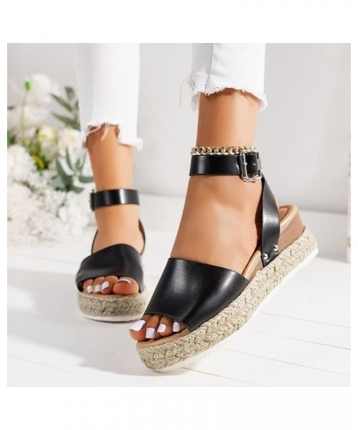 Platform Sandals for Women Dressy Summer Womens Espadrilles Buckle Ankle Strap Leather Raffia Sandals Black Sandals Wedges fo...