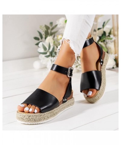 Platform Sandals for Women Dressy Summer Womens Espadrilles Buckle Ankle Strap Leather Raffia Sandals Black Sandals Wedges fo...