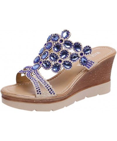 Women Rhinestone Sandals Fashion Ladies Summer Open Toe Soft Slippers Breathable Beach Slip On Wedges Girls Shoes Blue $17.64...